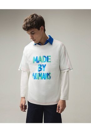 Camiseta Gráfica Con Capas Para Hombre Crema Seven Seven