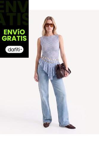 Camiseta Encaje Ruedo Irregular  Para Mujer Azul Seven Seven Seven Seven