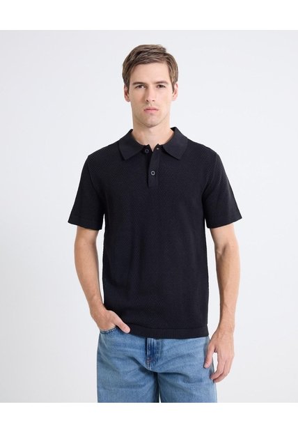 Polo Tejido De Ajuste Cómodo  Para Hombre Negro Seven Seven
