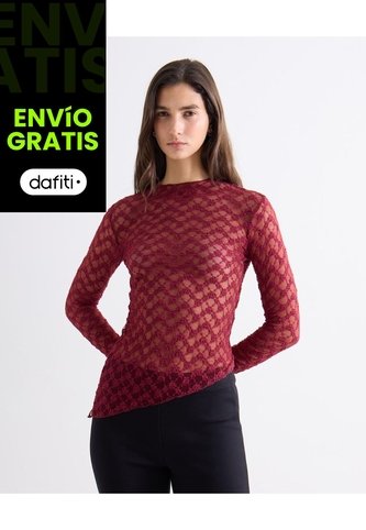 Camiseta Cuello Alto En Encaje Floral  Para Mujer Vino Seven Seven Seven Seven