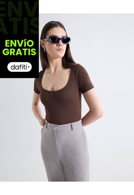 Top Tejido Escote Cuadrado Manga Corta  Para Mujer Café Seven Seven
