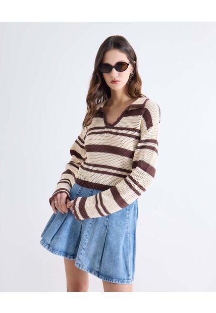 Camiseta Para Mujer Manga Larga Cuello V Color Café Marca Seven Seven #28096456