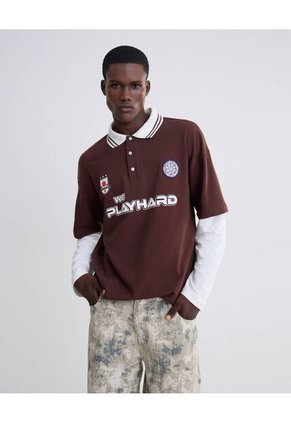 Polo Manga Larga  Para Hombre Café Seven Seven