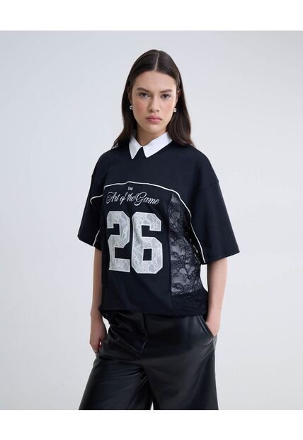 Camiseta Manga Corta Con Encaje  Para Mujer Negro Seven Seven