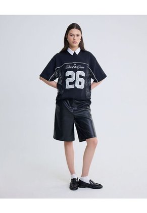 Camiseta Manga Corta Con Encaje  Para Mujer Negro Seven Seven