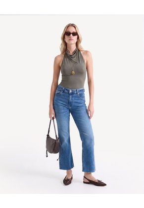 Camiseta Cuello Alto Drapeado Para Mujer Verde Seven Seven