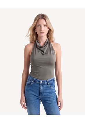 Camiseta Cuello Alto Drapeado Para Mujer Verde Seven Seven
