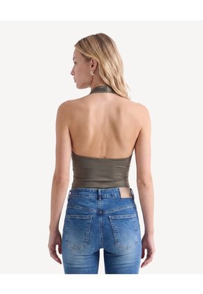 Camiseta Cuello Alto Drapeado Para Mujer Verde Seven Seven