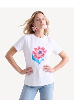 Camiseta Gráfica Fit Holgado  Para Mujer Crudo Seven Seven