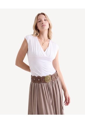 Camiseta Cuello V Con Recogidos Para Mujer Crudo Seven Seven