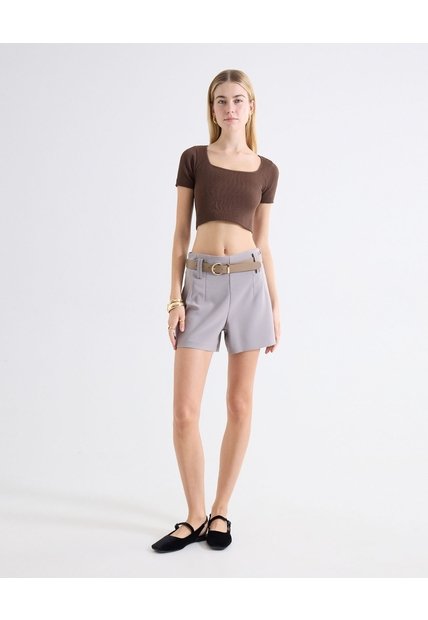 Short Tiro Alto Con Cinturón  Para Mujer Taupe Seven Seven