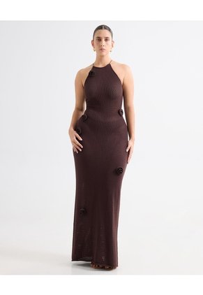 Vestido Maxi Tejido Con Flores - Seven Studio | Maygel Coronel Para Mujer Café Seven Seven