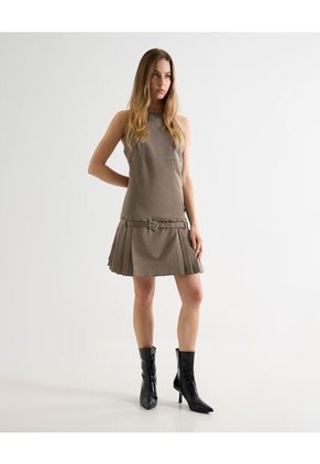 Vestido Mini De Tablas Con Cinturón  Para Mujer Café Seven Seven