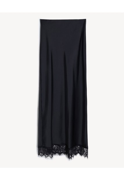 Falda Maxi Satinada Encaje  Para Mujer Negro Seven Seven