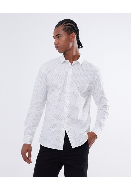 Camisa Cuello Gales Estampado De Lunares  Para Hombre Crema Seven Seven