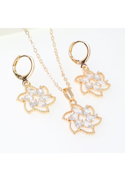 Conjunto Aretes Y Cadena Floral Con Cristales Baño Oro 18K Dorado Circones Sirene Rose