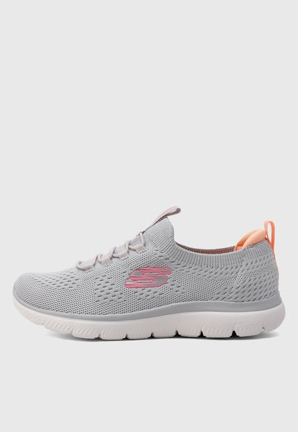 Tenis Gris-Blanco-Salmón SKECHERS Stretch Knit Bungee Slip-On