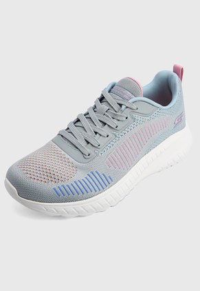 Tenis Training Gris-Blanco-Azul-Rosa Skechers BOBS Squad Chaos - Color Crush