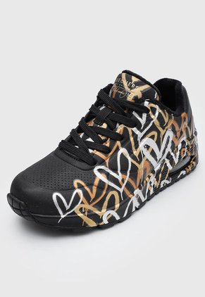 Tenis Lifestyle Negro-Dorado-Plateado Skechers Uno Metallic Love