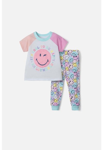 Pijama De Smiley Multicolor De Manga Corta Para Niña 2T A 5T 5T