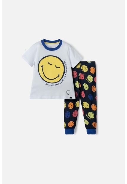 Pijama De Smiley Blanca Y Azul Oscura De Manga Corta Para Niño 2T A 5T 5T