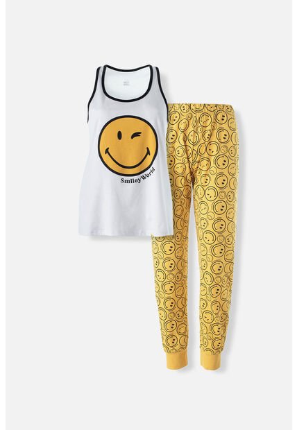 Pijama De Smiley Blanca Y Amarilla De Pantalón Largo Para Mujer XL