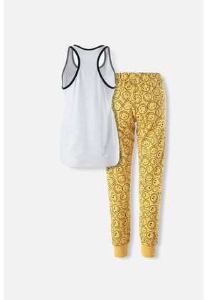 Pijama De Smiley Blanca Y Amarilla De Pantalón Largo Para Mujer XS