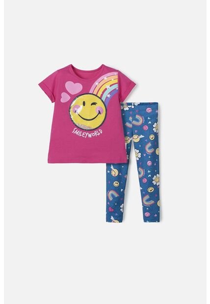 Conjunto De Smiley Fucsia Y Azul De Pantalón Largo Para Niña 2T A 5T 4T