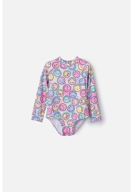 Vestido De Baño De Smiley Multicolor Manga Larga Para Niña 2T A 5T 4T