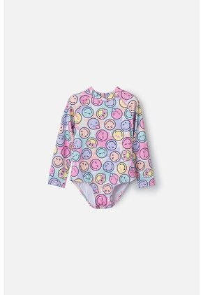 Vestido De Baño De Smiley Multicolor Manga Larga Para Niña 2T A 5T 3T