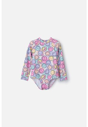 Vestido De Baño De Smiley Multicolor Manga Larga Para Niña 2T A 5T 5T