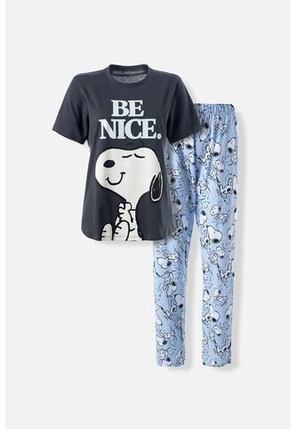 Pijama De Snoopy Gris Y Azul Claro De Pantalón Largo Para Mujer L Snoopy