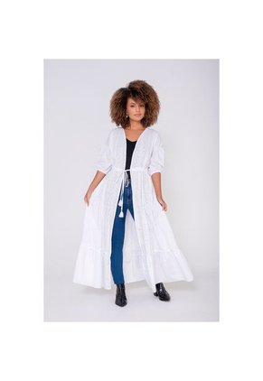 Kimono Efecto Ojalillo Con Borlas Decorativas Blanco S