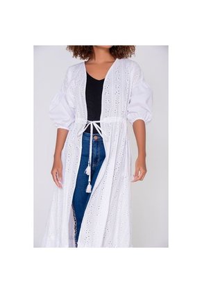 Kimono Efecto Ojalillo Con Borlas Decorativas Blanco S