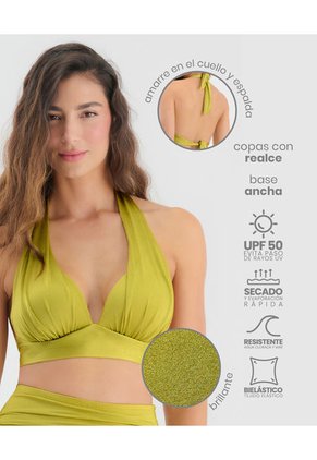 Top De Baño Silueta Halter Con Realce Tela Brillante Verde Pistacho ST Even 99798