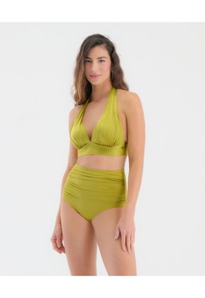 Top De Baño Silueta Halter Con Realce Tela Brillante Verde Pistacho ST Even 99798