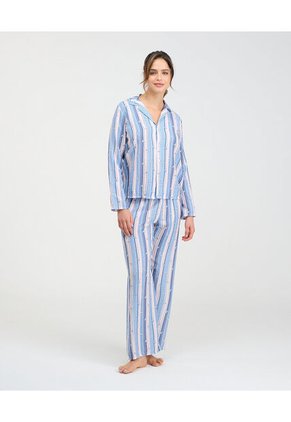 Pijama De Pantalón Camisa Manga Larga De Botones Estampado Azul 18718