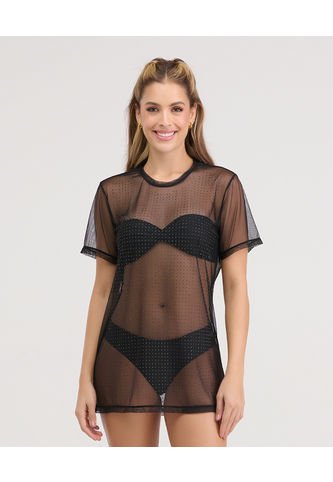 Camiseta Semi Transparente Detalles En Pedrería Negro ST Even 99847 St Even