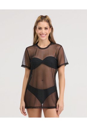 Camiseta Semi Transparente Detalles En Pedrería Negro ST Even 99847