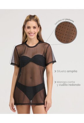 Camiseta Semi Transparente Detalles En Pedrería Negro ST Even 99847