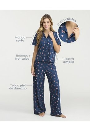 Pijama De Pantalón Camisa Manga Corta Botones Frontales Estampado Azul St Even 18768