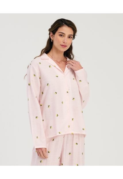 Pijama De Pantalón Manga Larga Con Botones Estampado Rosado ST Even 18648