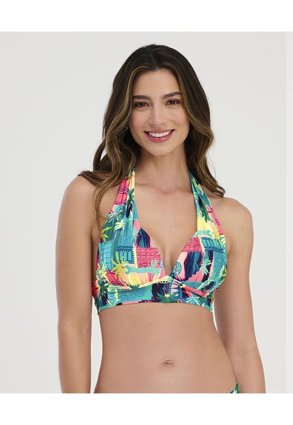 Top De Baño Silueta Halter Con Copas De Realce Est Palmeras ST Even 99618