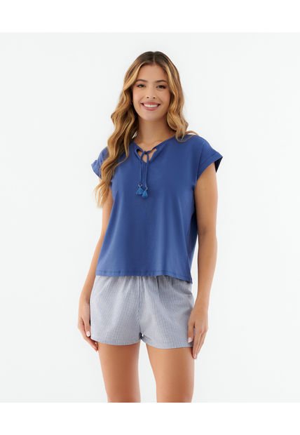 Pijama Short  Camisa Manga Corta Cuello En V Sillueta Suelta Estampado Azul ST Even 18524