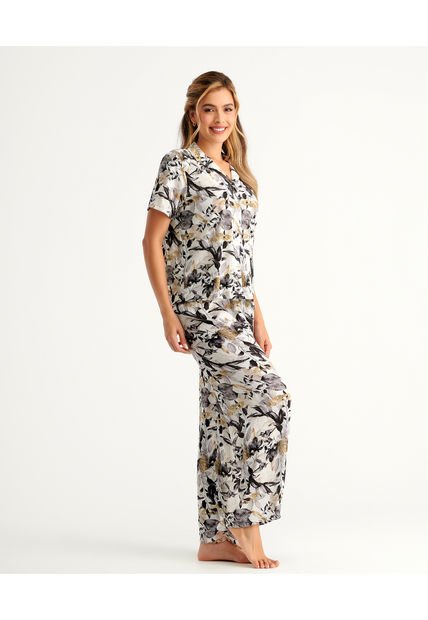 Pijama Camisa Silueta Amplia Con Botones Mana Corta Pantalón Largo Estampado Dorado ST Even 18568