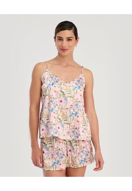 Pijama De Short Blusa De Tiras Ajustables Estampado Rosado St Even 18704