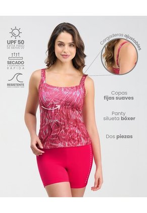 Vestido De Baño Tankini Copas Fijas Suaves Estampado Fucsia St Even 99916