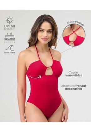 Vestido De Baño Entero Copas Removibles Tiras Ajustables En Cuello Rojo St Even 99945
