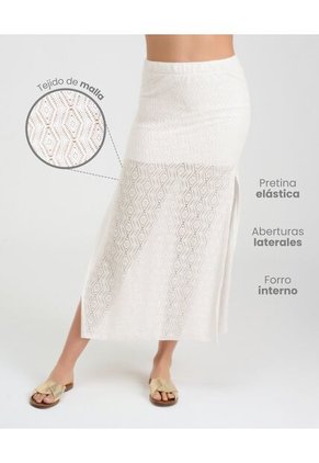 Falda En Malla Pretina Elástica Aberturas Laterales Marfil St Even 99887
