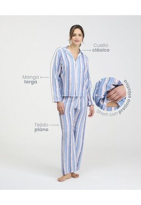 Pijama De Pantalón Camisa Manga Larga De Botones Estampado Azul 18718